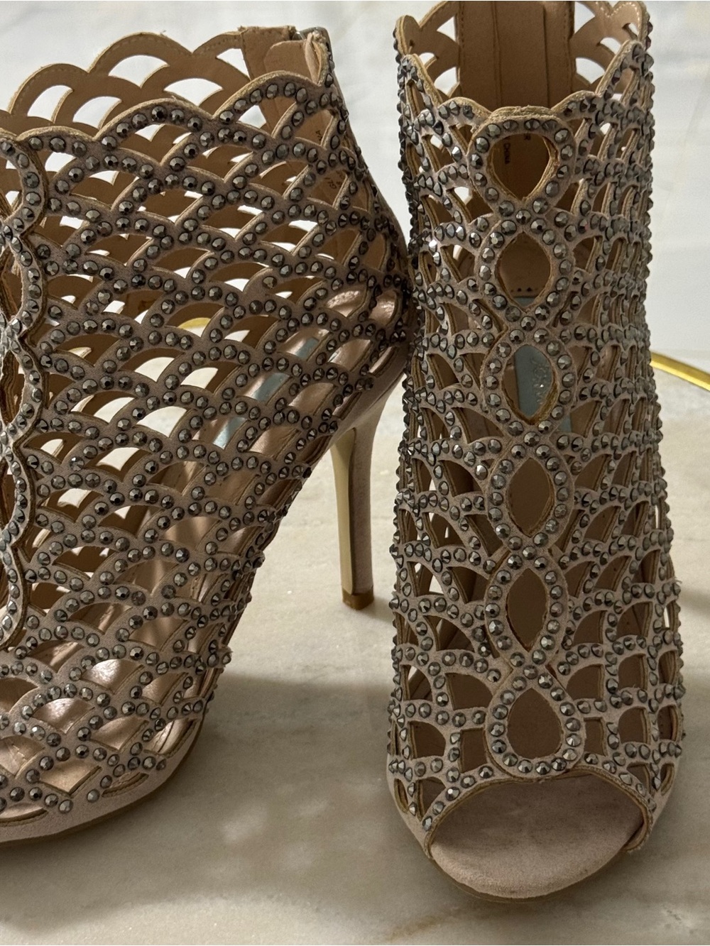 Beige Crystal Cutout Stiletto Booties - Women's Evening Heels - Picture 2 of 5